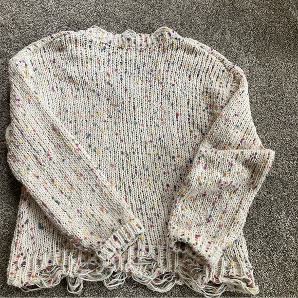 Adora Womens Open Knit Sz L Chunky Sweater Multicolor Dots V Neck Frayed Hem - Picture 2 of 4